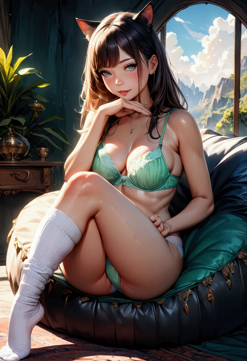 a beautiful girl with cat ears licking her hand like a cat, in a feline pose, wearing a green bra, panties and socks, on a pouffe, hyperrealistic, 8k, ultra-detailed, highly detailed, masterpiece, vibrant colors, dramatic lighting, photorealistic, intricate details, elegant, graceful, stunning, captivating, alluring, feline, cat-like, fantasy, whimsical