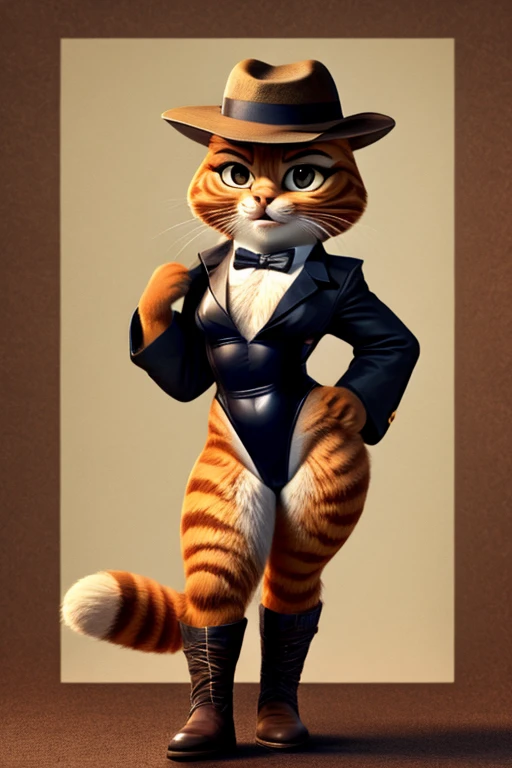 Puss in Boots, DreamWorks Animated, Leotard,((Wearing a fedora hat)), 3:1 Hip to leg ratio