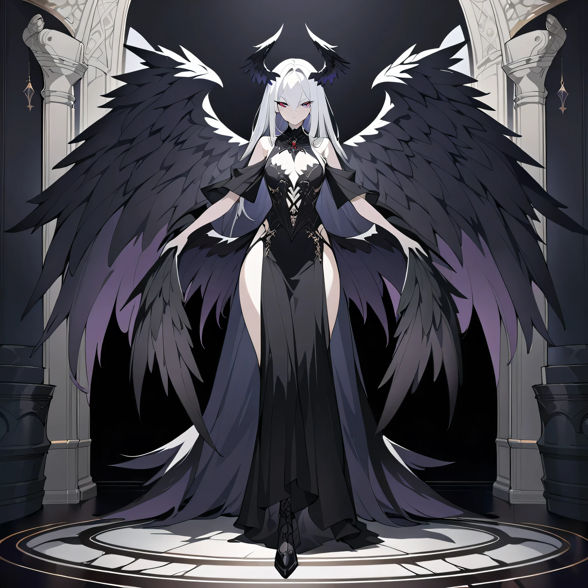 a painting of a woman with white hair and wings standing in a dark room, concept art by Yang J, pixiv contest winner, gothic art, villainess has black angel wings, full - body majestic angel, angel knight gothic girl, epic exquisite character art, dark angel, black wings instead of arms, raven winged female vampire, with large wings