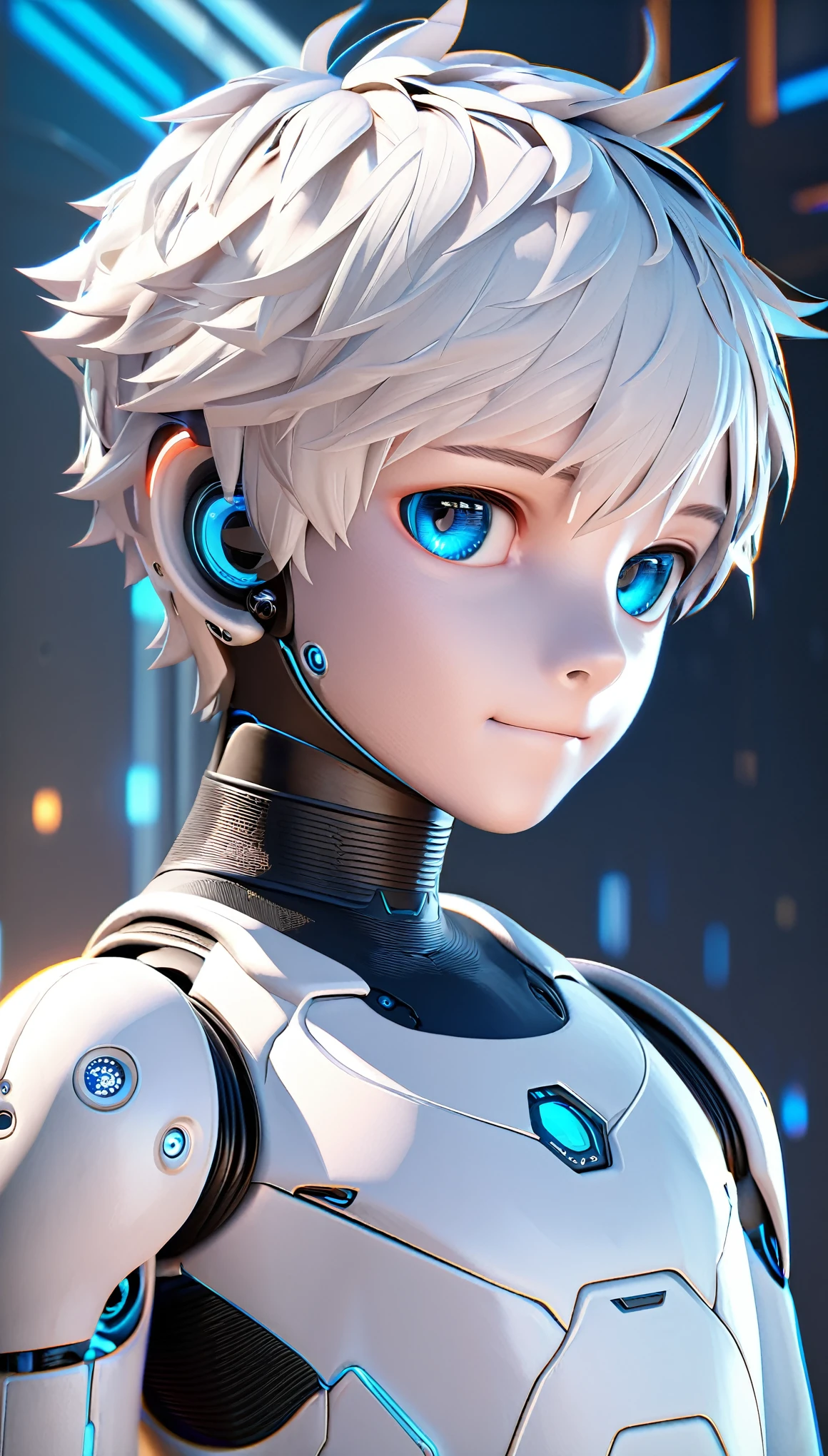 Full body image of A lifelike android robot (((boy))), intricate android seams on smooth glossy fair skin, short white hair, beautiful blue eyes, (best quality,4k,8k,highres,masterpiece:1.2),ultra-detailed, android,solo, ((shota)),