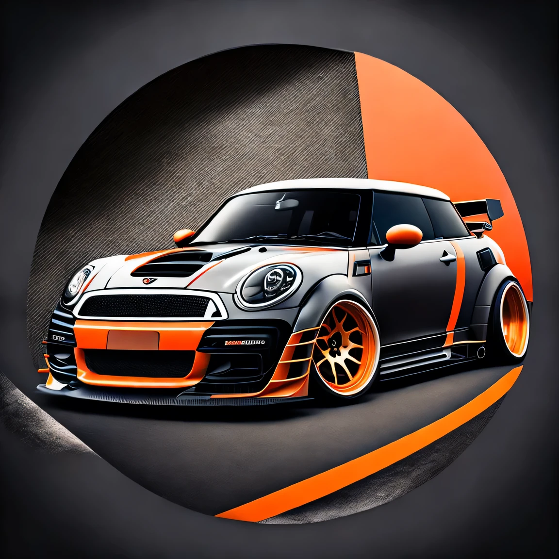 Circle Artwork for t-shirt graphic design, a bright white and black coloured R56 Mini Cooper S in tunnel design, ((carbon fibre, Liberty walk ultra wide body kit)), aggressive stance ((background: racetrack, outside old industrial style building, large windows in background, overcast sky, heavy industrial look, cobble stone street)), 8K quality, realistic, realism, sharp, detailed, ultrawide, black and carbon fibre and deep candy orange colour scheme, front profile, epic stance, epic ultra wide body kit, super low stance, aggressive looks , street, background vintage pastel tone, highly detailed clean, vector image, realistic masterpiece, professional photography, realistic car, car sunrise background, flat black background, isometric, vibrant vector