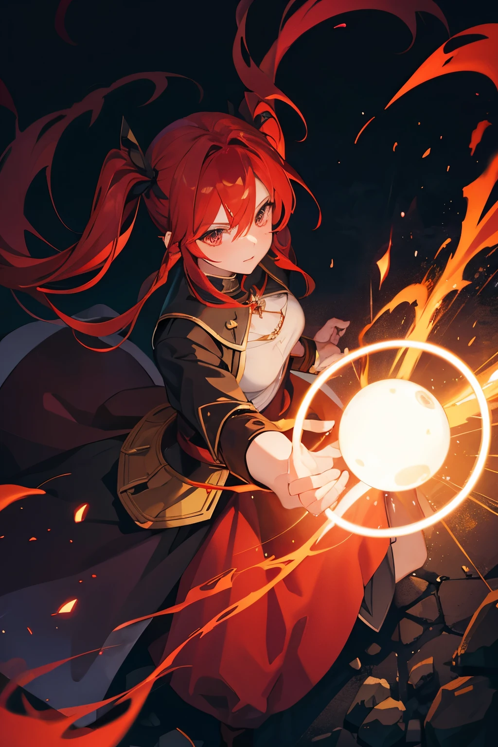 red hair in pig tails, mage, dark aura, glowing effects, cinematic, dark clothes, determined face, 1 girl, magic attack, hero pose, view from above, masterpiece, age 20.