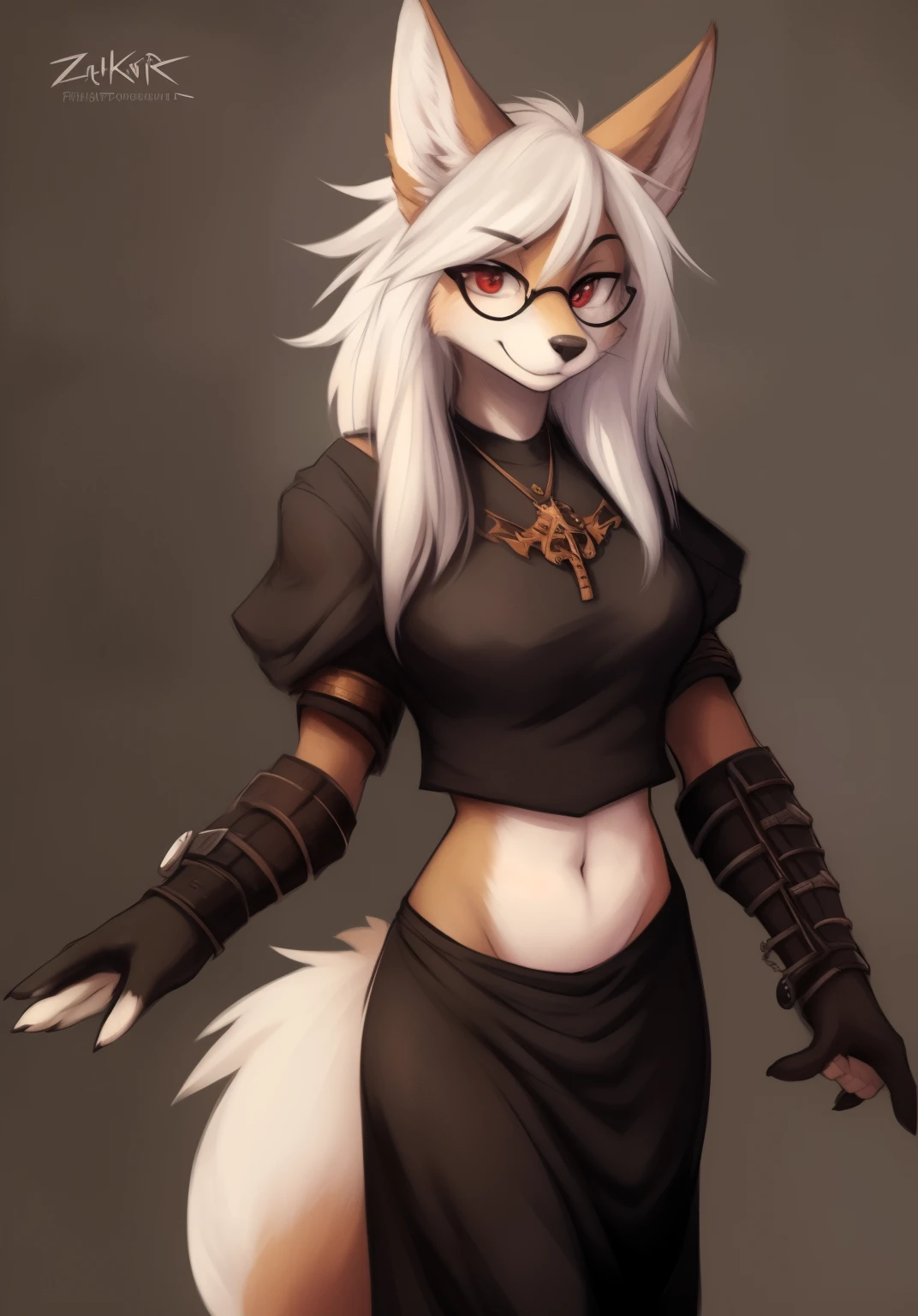 by Zackary911, by Kenket, by Kilinah, by fluff-kevlar, anthro, mommy female fennec fox, solo, long white hair, full body, one big tail, dark background. dark priest with balck and red cloack open belly, round glasses, full body concept, realism, reference, red eyes