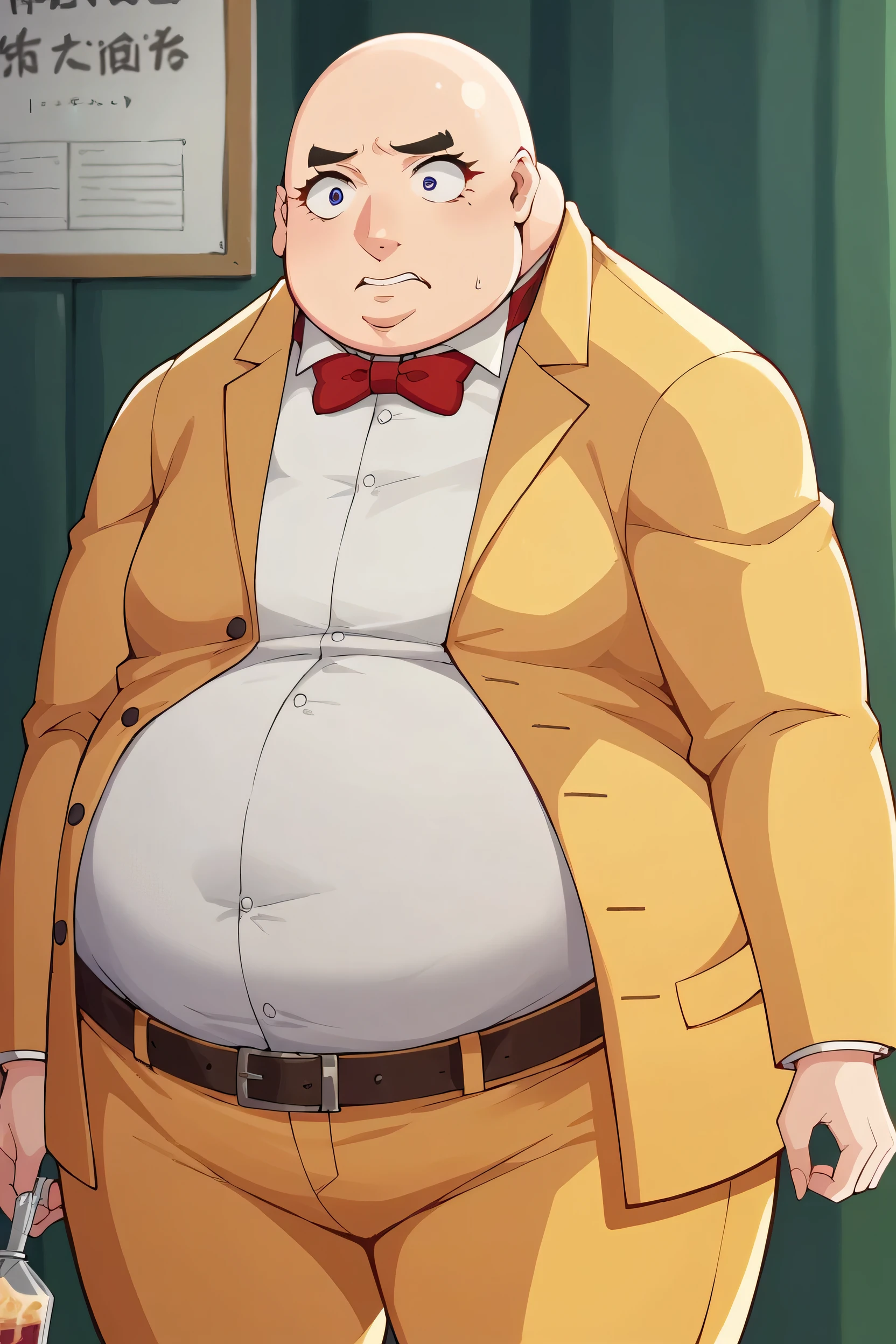 score_9, score_8_superior, score_7_superior, score_6_superior, sauce_anime, Break 1 Girl, woman, Solo p5 principal, Fat, obesity, bald, Yellow Jacket, formal, White shirt, Red bow tie, belt, yellow pants, woman化,Looking straight ahead and surprised