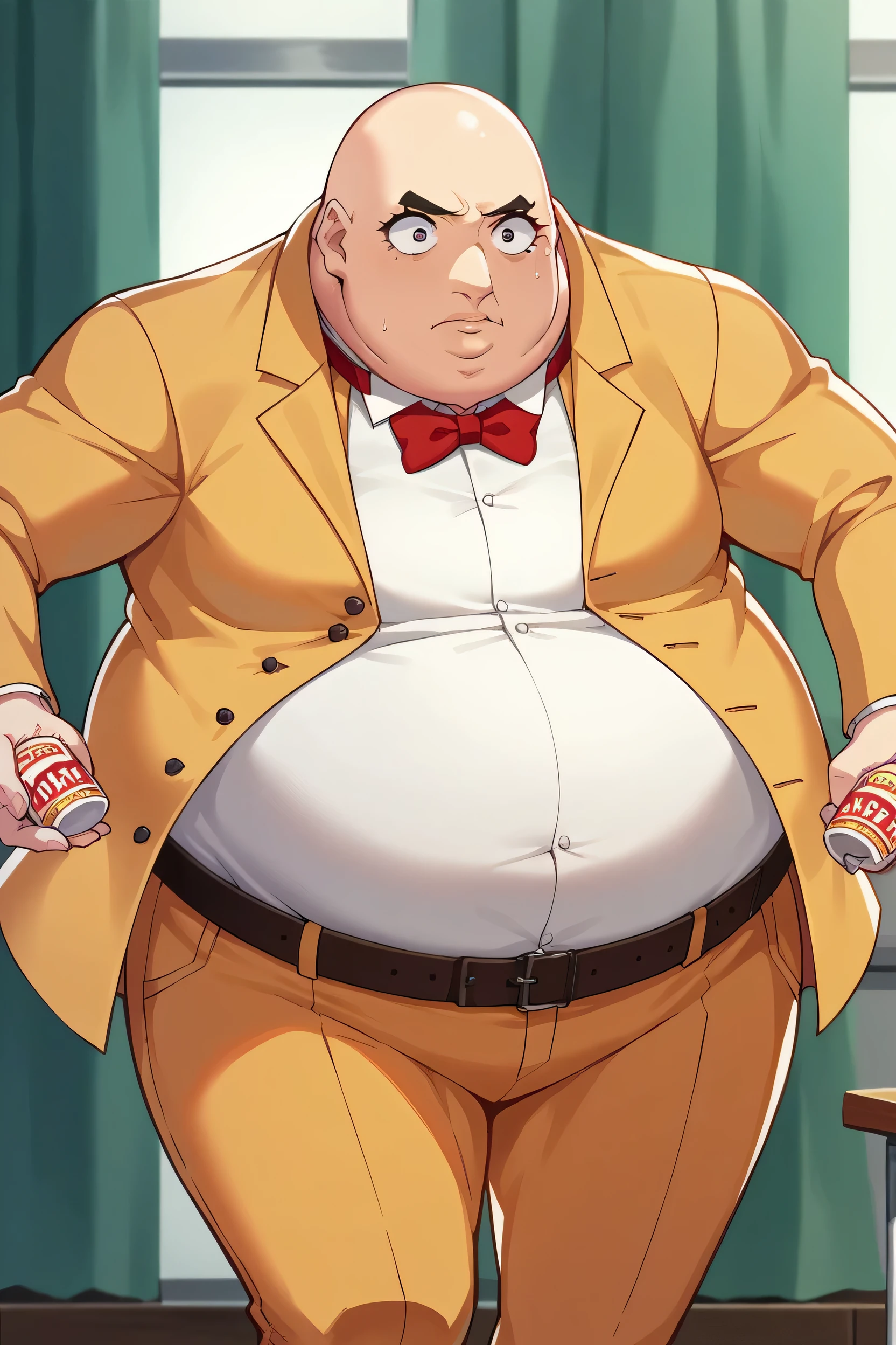 score_9, score_8_superior, score_7_superior, score_6_superior, sauce_anime, Break 1 Girl, woman, Solo p5 principal, Fat, obesity, bald, Yellow Jacket, formal, White shirt, Red bow tie, belt, yellow pants, woman化,Looking straight ahead and surprised