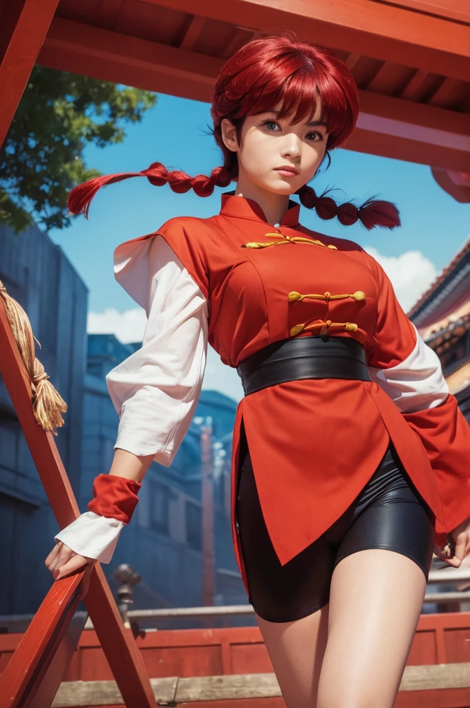 Highest quality,masterpiece,Ultra-high resolution,(Photo Actual:1.4),Budokan,,Comics by Rumiko Takahashi(Ranma 1/2),Character Ranma(woman)Red long hair braid,Cute Face,Wearing a red kung fu suit,