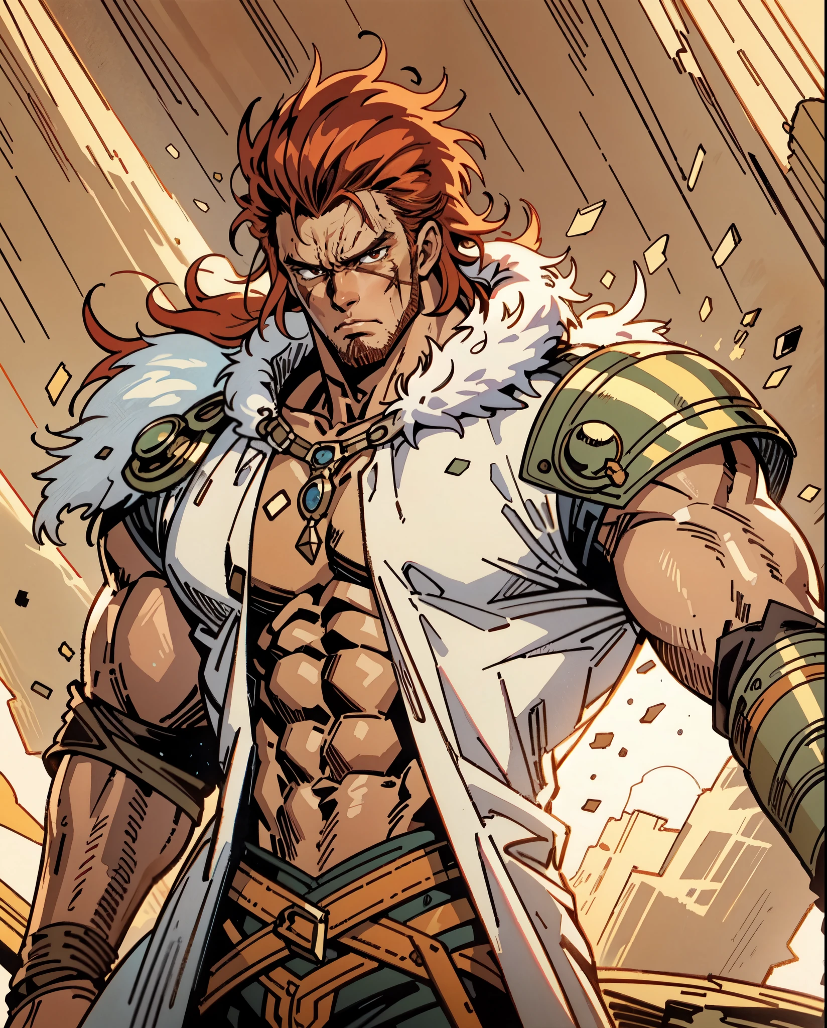 (masterpiece:1.2, best quality:1.2, extremely delicate:1.2), ((male:1.5)), a man with disheveled long orange and red hair, (no eyebrows:1.2), deep-set eyes, (a long scar on the right side of his face:1.2), rough features, (a full beard:1.2), a dissatisfied expression, a tall and muscular build, a post-apocalyptic fantasy-style wilderness coat with no sleeves, fur around his shoulders and neck, a half-damaged monster skull hanging in the middle of his chest, has spiked shoulder guards, revealing his muscular abs, stands in a post-apocalyptic fantasy-style desolate town, this character embodies a finely crafted post-apocalyptic fantasy-style overlord in anime style, exquisite and mature manga art style, dramatic, high definition, highres, ultra-detailed, ultra-fine painting, professional, perfect body proportions, golden ratio, anatomically correct, symmetrical face, extremely detailed eyes and face, high quality eyes, creativity, RAW photo, UHD, 32k, Natural light, cinematic lighting, masterpiece-anatomy-perfect