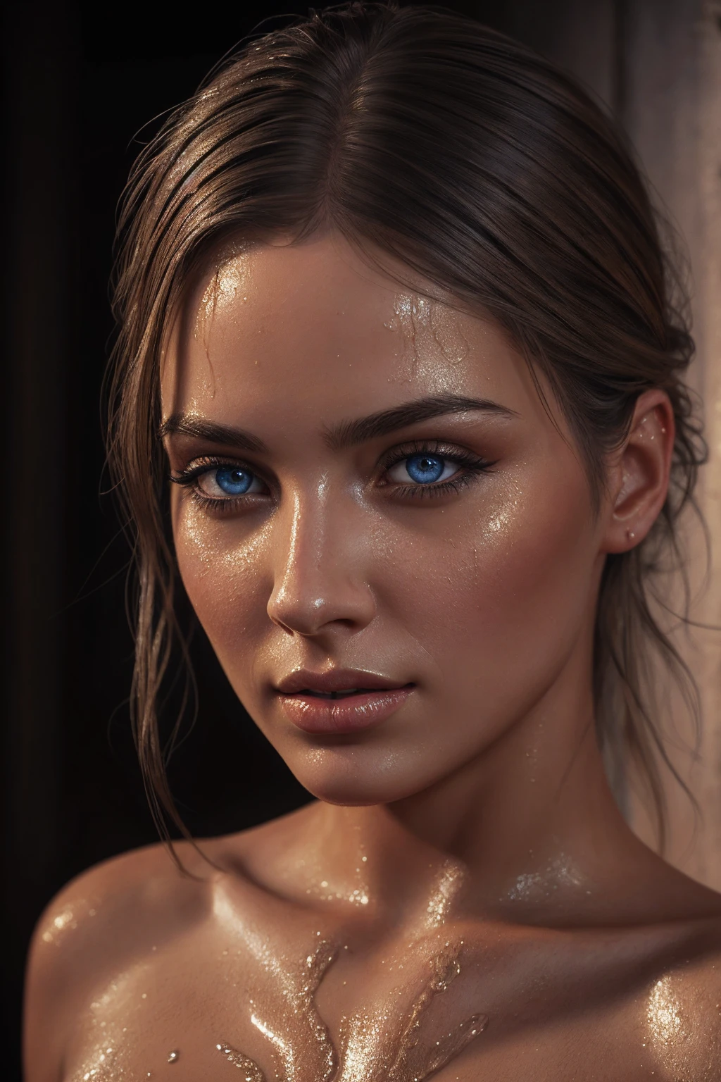 A realistic, highly detailed digital painting of a sexy, wet Norwegian nude, artstation quality, concept art style, beautiful detailed eyes, beautiful detailed lips, extremely detailed face and skin, long eyelashes, cold colors, dramatic lighting, chiaroscuro, photorealistic