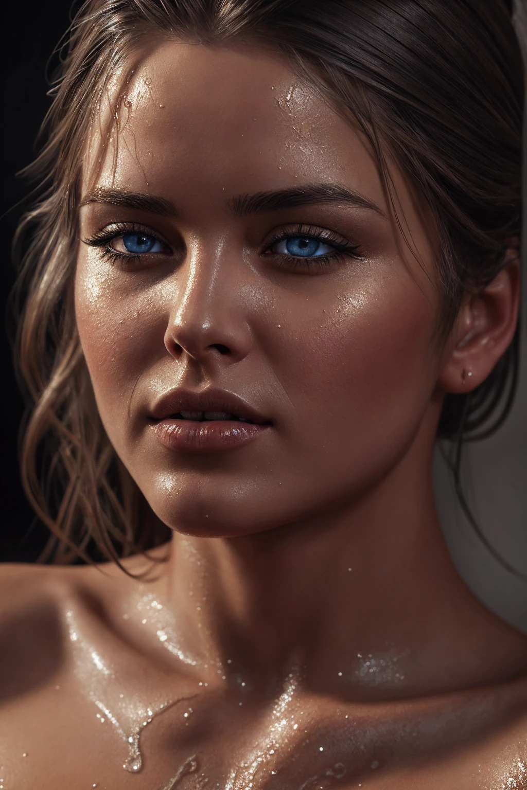 A realistic, highly detailed digital painting of a sexy, wet Norwegian nude, artstation quality, concept art style, beautiful detailed eyes, beautiful detailed lips, extremely detailed face and skin, long eyelashes, cold colors, dramatic lighting, chiaroscuro, photorealistic