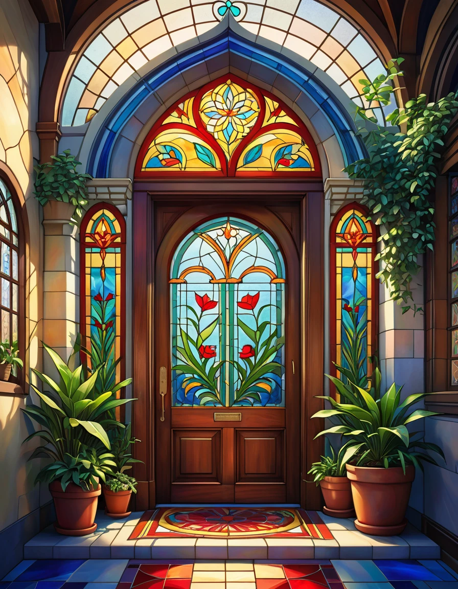 The image depicts a lively and colorful building entrance. It showcases a large, arched doorway adorned with stained glass windows in vivid blues, greens, and reds. The detailed stained glass features floral patterns and possibly other designs. The doorway is set within a wooden frame. To the left of the entrance stands a potted plant with lush foliage, and to the right, a potted plant sporting red blooms. The ground is laid with a mosaic of vibrant tiles, echoing the stained glass's design. The image conveys a fanciful and artistic ambiance, hinting at a café, restaurant, or a venue dedicated to aesthetic and creative pursuits. The lighting is soft and welcoming, casting a glow on the stained glass and revealing the inviting interior.