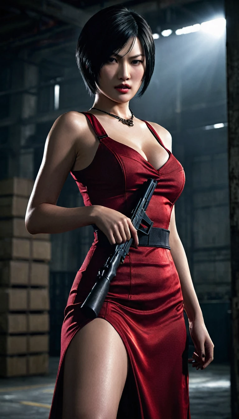 Create an ultra-realistic image of Ada Wong from Resident Evil. She is standing in a confident pose, holding a pistol with a silencer. The background is a detailed, dimly lit warehouse with shadows and subtle light sources, giving a sense of tension and mystery. Ada Wong's outfit is sleek and tactical, with intricate details that highlight her espionage skills and agility. The overall atmosphere is dark and gritty, capturing the essence of her character and the Resident Evil universe, wearing red long dress

Very beautiful girl, 20 years old, black short straight hair, very large breast, expose cleavage, full body