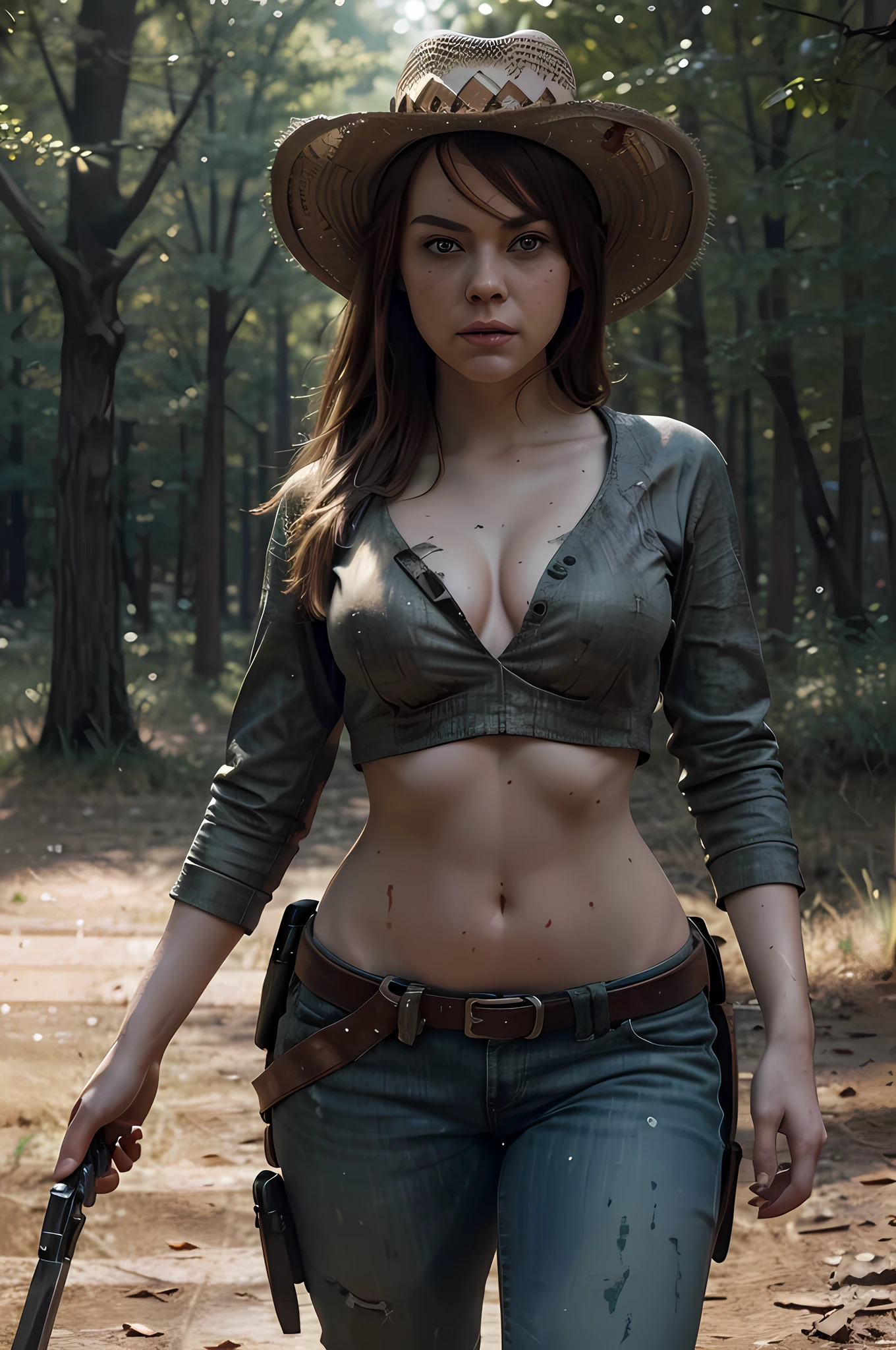 Highly detailed RAW photo of realistic Emma Stone as zombie hunter fighting a zombie and holding a cross and wearing cowboy hat standing in forest with zombies in the background, dynamic pose, (wide hips), (detailed ), (detailed lips), (detailed eyes), (Sci-Fi setting) (detailed face), (curvy), detailed eyes, depth of field, soft lighting, masterpiece, best quality, intricate, (lens flare:0.7), (bloom:0.7), particle effects, raytracing, tone mapped, highly detailed, concept art, smooth, sharp focus, dramatic lighting, highly detailed artwork, cinematic, hyper realistic painting, trending on Artstation, 8K, incredible shadows, realistic, (highly detailed background:1.2), art by midjourney