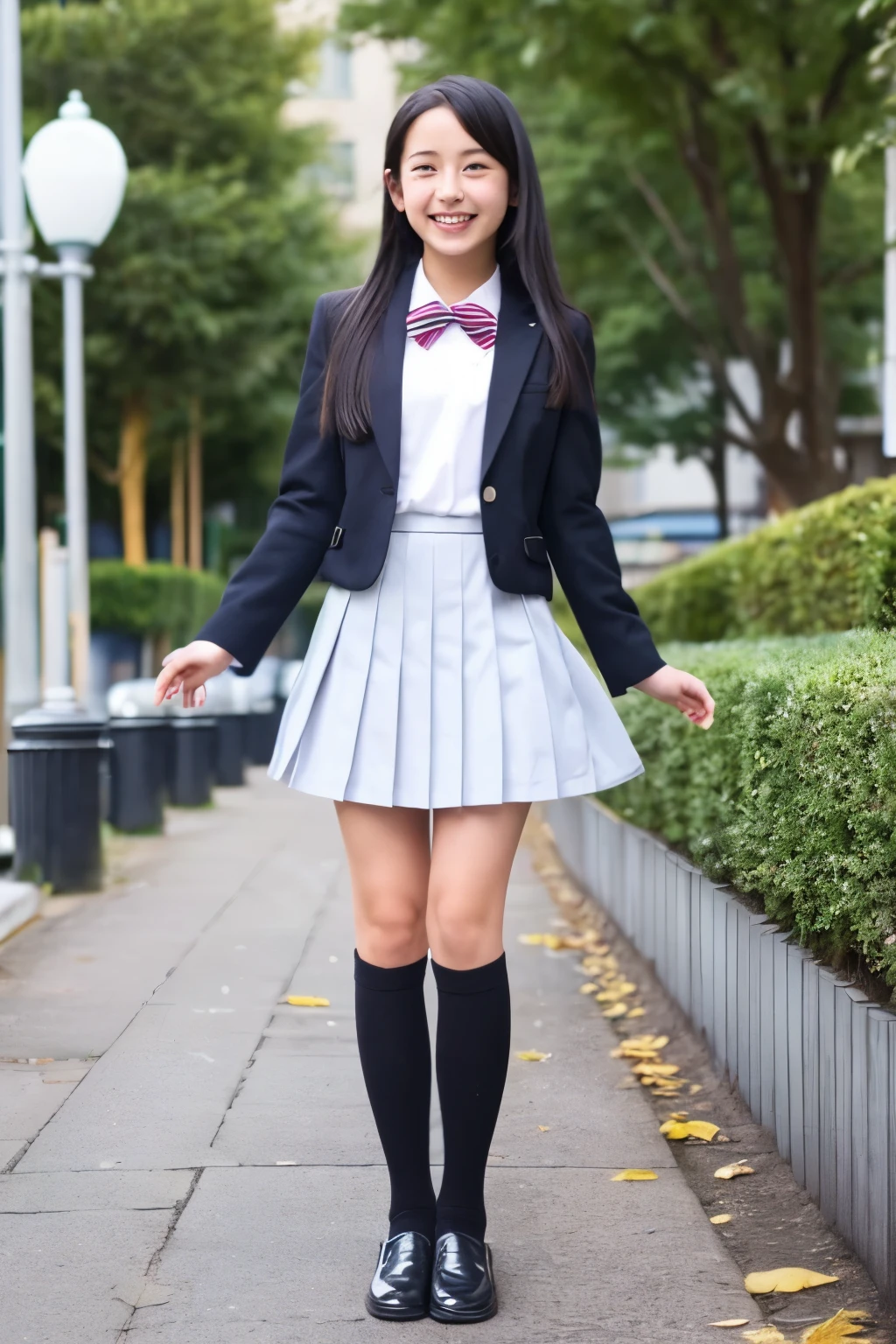 high school girl、uniform、skirt、Long Black Hair、Knee-high socks、loafers、Japanese、smile、upright、front、smile、whole body、dance、Around town