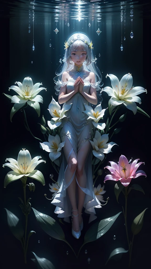 ((lily flowers)), super transparent, Holy Light, Flowers in water beautiful spectral light, petals glow, flashes, Dark background, drops of transparent light, reflective light, Bright, light streaming in, optics, Sharp Focus, Magical, Convoluted, A hyper-realistic, Fantasy composition, light, Trending in art stations, pearls, patronus cloud of silvery vapor, corrosive enveloping ray family, 8k, ureal ar 23v4 uplight,dark blue