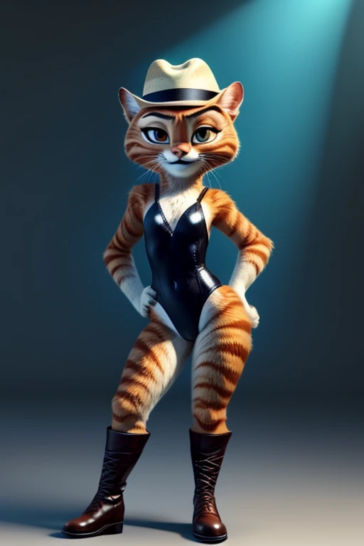 Puss in Boots, DreamWorks Animated, Leotard,((Wearing a fedora hat)), 3:1 Hip to leg ratio