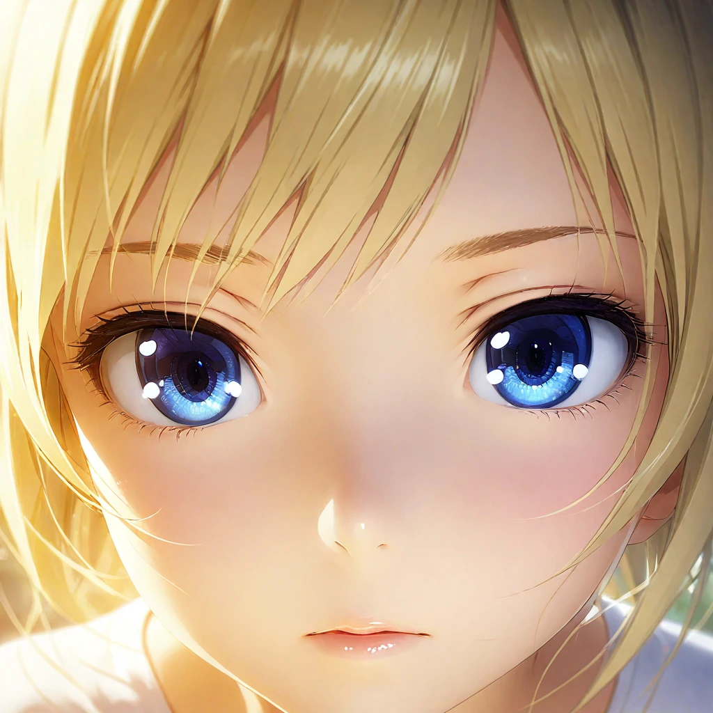 portrait, Practical, blue eyes, Blonde hair, Mid-chest, 4K resolution, High quality CG, Beautiful CG, Soft Light, Octane Rendering, white t-shirt, close shot, front, direct gaze, frontal view