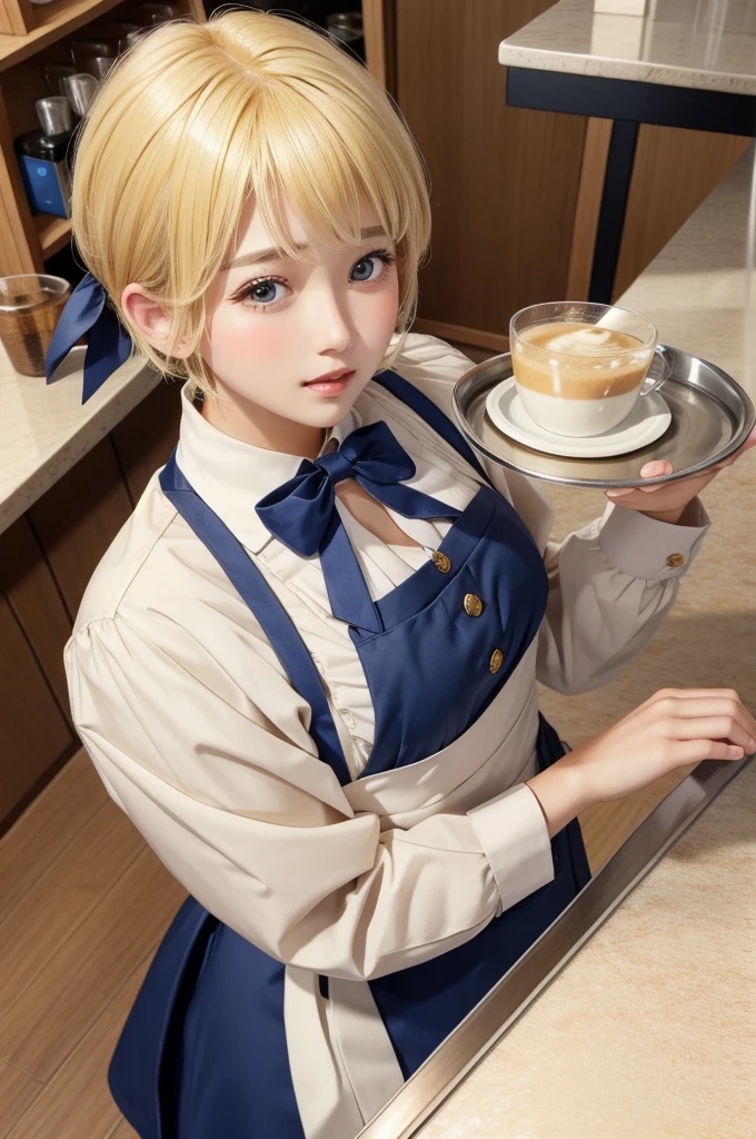 Blonde Short Cut　beautiful girl　bow　apology　Costume of a café clerk　tray