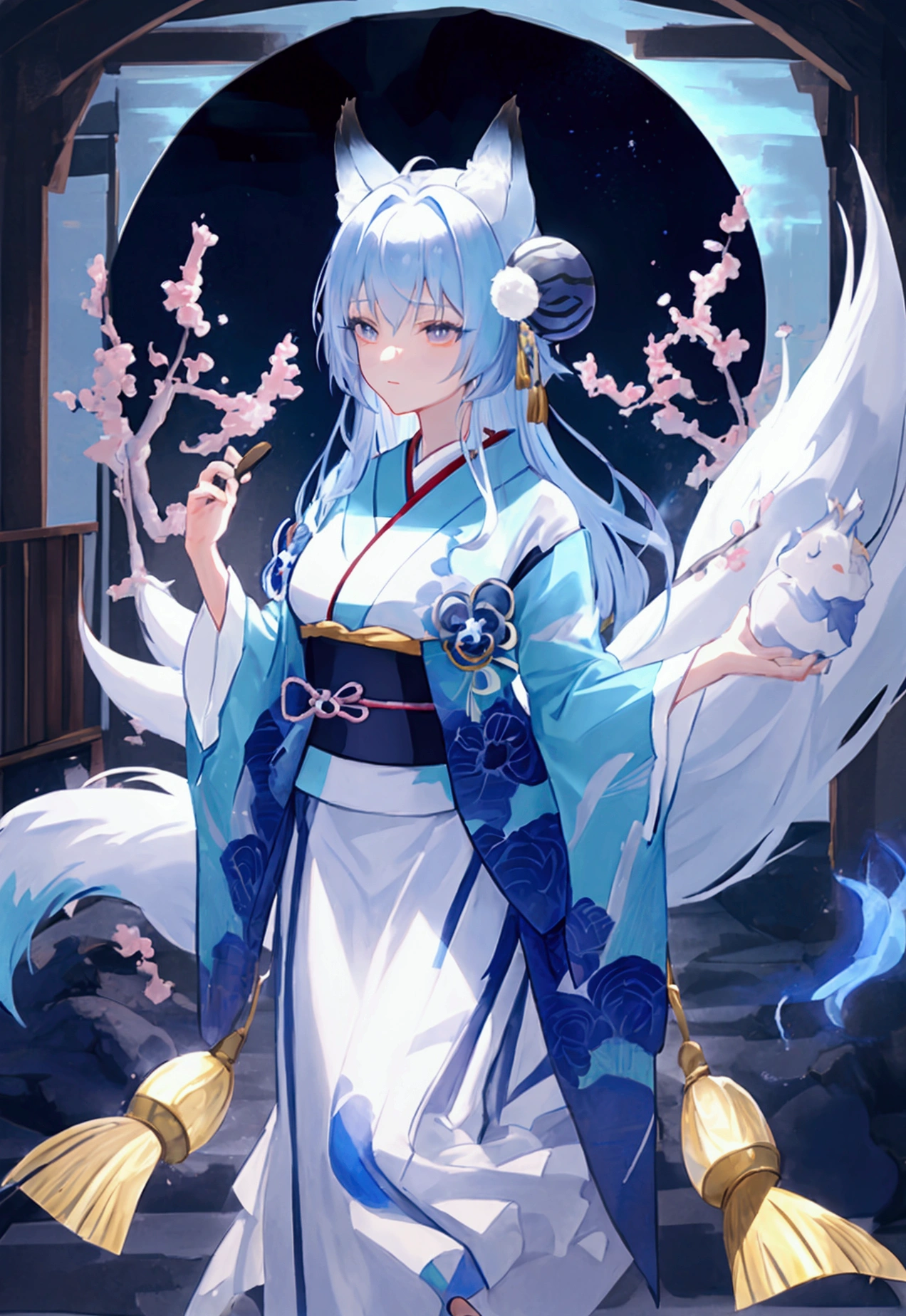 fox Light blue hair beast girl indigo fur fox beast girl fox Light blue hair beast girl indigo fur fox beast girl Wallpaper 4k,8k,highly detailled,,vivid colors,detailed kitsune with 9 tails,traditional Japanese artwork,tatami floor,beautiful cherry blossoms,floating lanterns,dark silhouette of a pagoda,subtle moonlight,dense forest,ethereal atmosphere,dappled sunlight,whimsical spirit,serene expression,elaborate kimono and obi,delicate hand-painted details,luminous eyes Anime Style fox blue White-faced golden-haired nine-tailed fox Coat blue woman fox Light blue hair beast girl indigo fur fox beast girl Anime Style fox blue White-faced golden-haired nine-tailed fox Coat blue woman mysterious background Blue Flame girl have a ball of light fox Light blue hair beast girl indigo fur fox beast girl mysterious background Blue Flame girl have a ball of light Anime Style fox blue White-faced golden-haired nine-tailed fox Coat blue feminization feminization mysterious background Blue Flame girl have a ball of light woman
