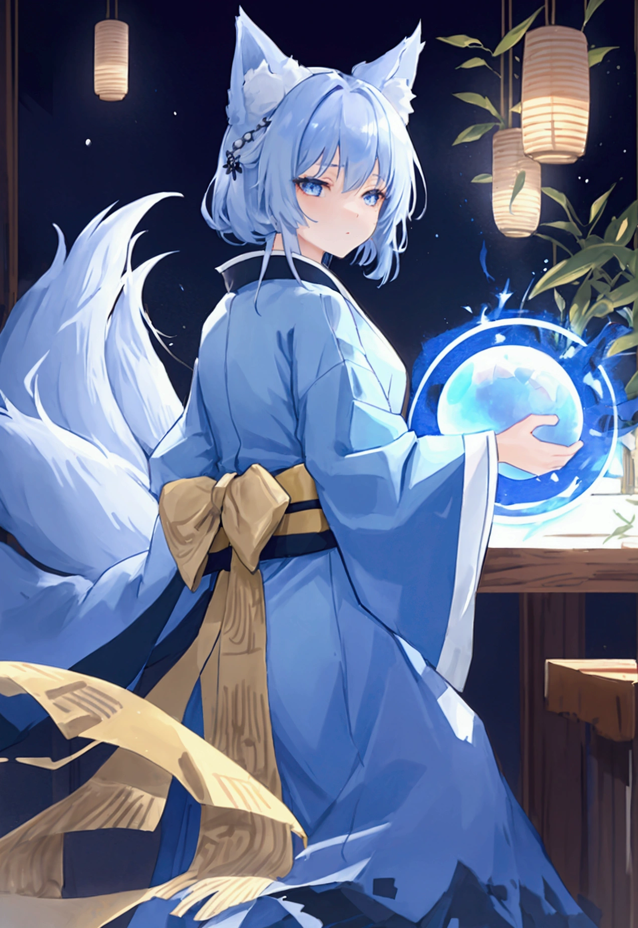 fox Light blue hair beast girl indigo fur fox beast girl fox Light blue hair beast girl indigo fur fox beast girl Wallpaper 4k,8k,highly detailled,,vivid colors,detailed kitsune with 9 tails,traditional Japanese artwork,tatami floor,beautiful cherry blossoms,floating lanterns,dark silhouette of a pagoda,subtle moonlight,dense forest,ethereal atmosphere,dappled sunlight,whimsical spirit,serene expression,elaborate kimono and obi,delicate hand-painted details,luminous eyes Anime Style fox blue White-faced golden-haired nine-tailed fox Coat blue woman fox Light blue hair beast girl indigo fur fox beast girl Anime Style fox blue White-faced golden-haired nine-tailed fox Coat blue woman mysterious background Blue Flame girl have a ball of light fox Light blue hair beast girl indigo fur fox beast girl mysterious background Blue Flame girl have a ball of light Anime Style fox blue White-faced golden-haired nine-tailed fox Coat blue feminization feminization mysterious background Blue Flame girl have a ball of light woman