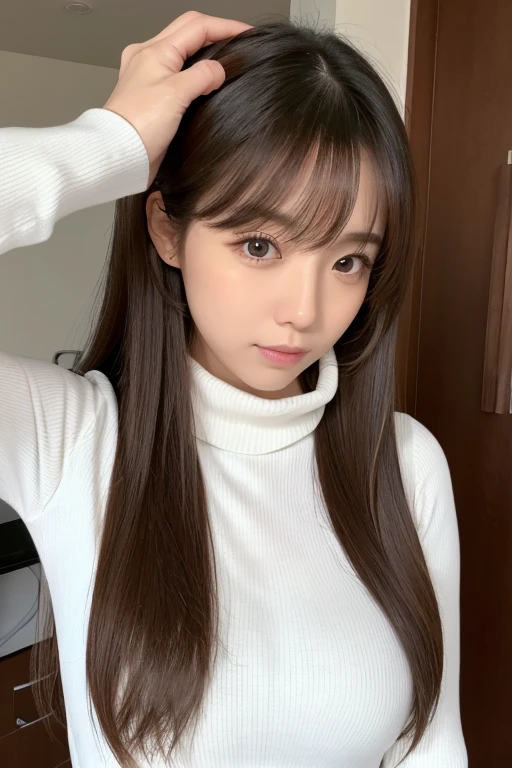 Adult woman with long hair wearing a white turtleneck。Grabbing the ends of a turtleneck with both hands and pulling it up over his nose。Create the upper body