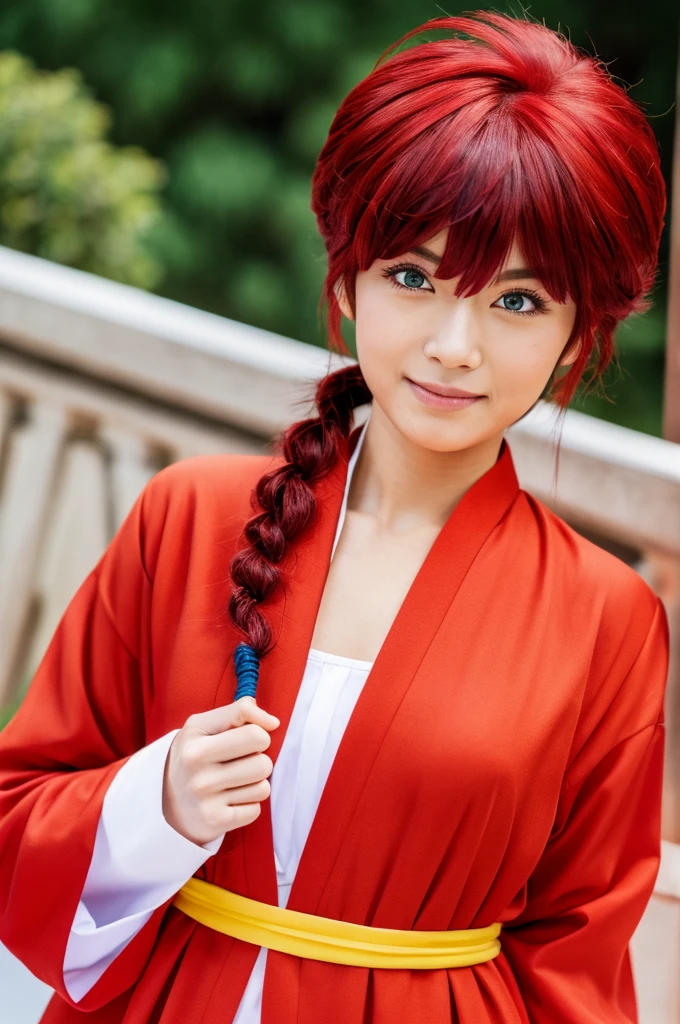 Highest quality,masterpiece,Ultra-high resolution,(Photo Actual:1.4),Budokan,,Comics by Rumiko Takahashi（Ranma 1/2）,Character Ranma（woman）Red long hair braid,Cute Face,Wearing a red kung fu suit,