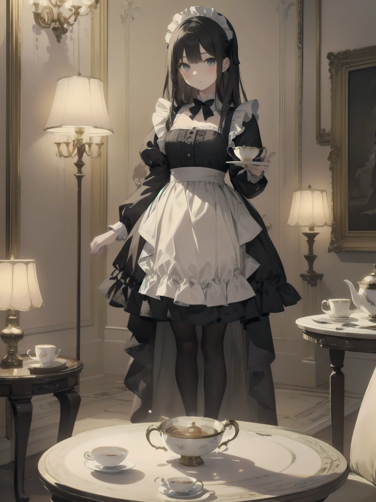Illustration of a beautiful girl in a cute pose,(Masterpiece: 1.2), (Best quality: 1.2), A cute girl with long black hair, dressed in a classic black and white maid outfit with frilly lace and a matching headband, is standing in a beautifully decorated Victorian-style parlor. She is holding a silver tray with a teapot and teacup, her expression a mix of professionalism and warmth. The background includes ornate furniture, a chandelier, and large windows with heavy drapes, all bathed in soft afternoon light. This illustration emphasizes the elegant and welcoming atmosphere of a high-class tea service