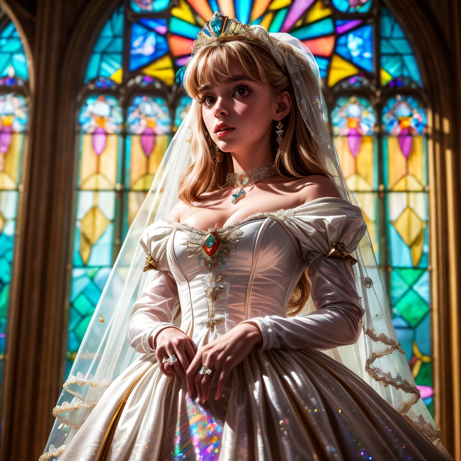 ZoomLayer TopQuality 8K masterpiece of ((Professional photo)), ((Lady Clarisse de Cagliostro)) White WeddingDresses, ChainTiara, Extremely detailed KAWAII face, The background is distant (Elaborate colorful stained glass), Enchanting atmosphere, Rainbow Glass