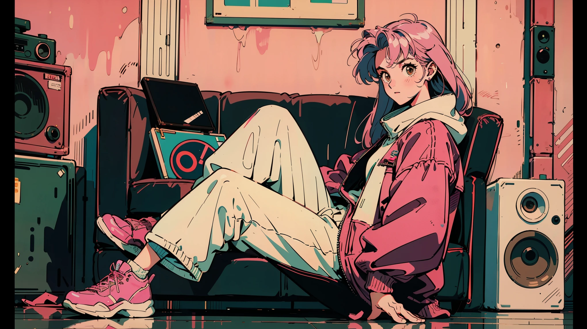 Anime girl sitting on a couch with a laptop in her lap - SeaArt AI