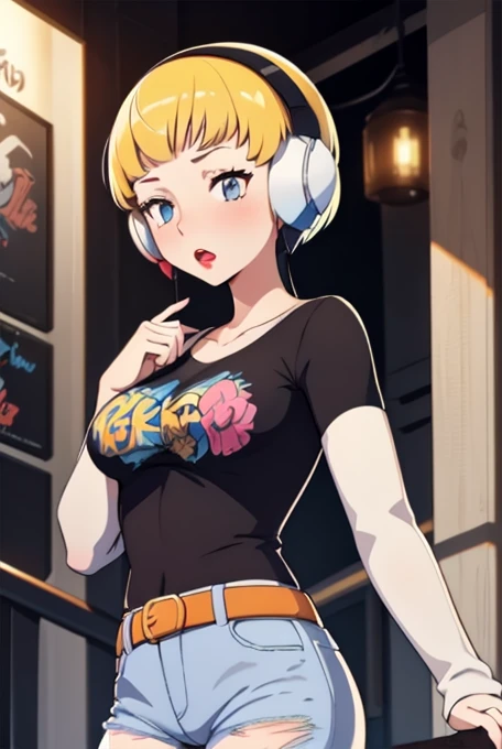 (masterpiece, best quality), 1girl,  elesa (pokemon), blonde hair, short hair, blunt bangs, 1girl, solo, standing, black t-shirt, white shirt, blue jeans, belt, lipstick, large breasts, layered sleeves, 
Headphones