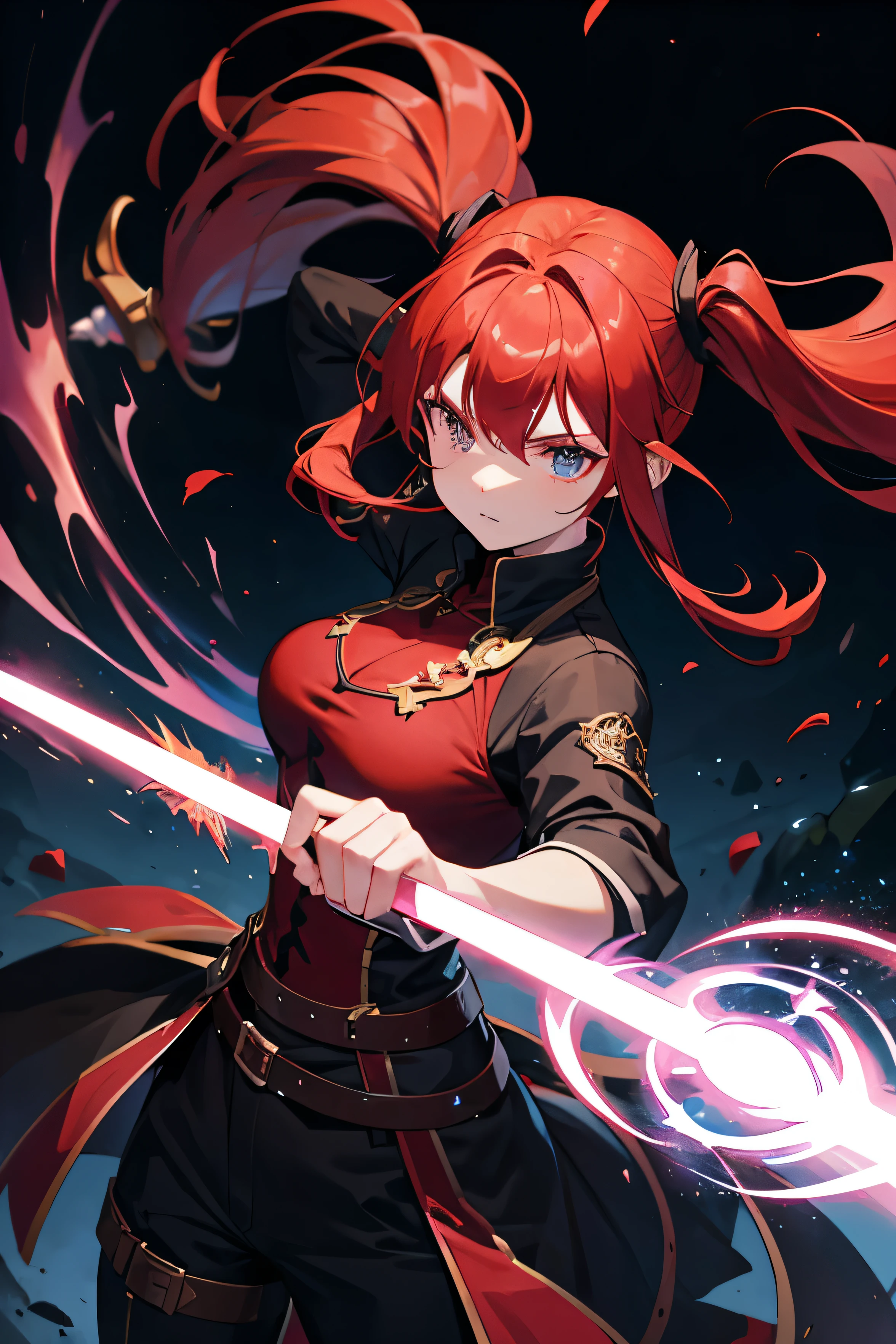 red hair in pig tails, mage, dark aura, glowing effects, cinematic, dark clothes, determined face, 1 girl, magic attack, striking hero pose from above, masterpiece, age 20, mystical being, holding a staff in right hand.