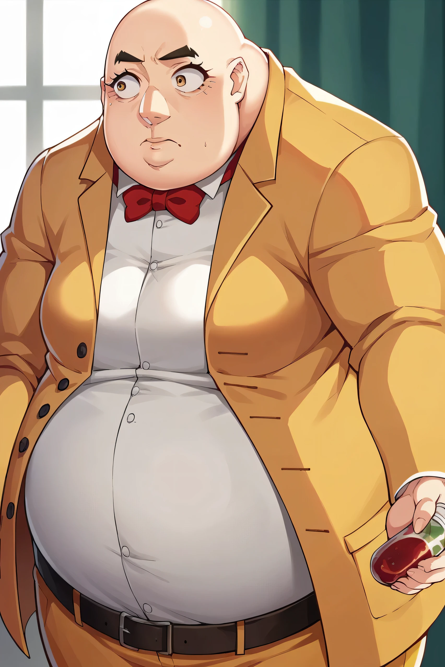 score_9, score_8_superior, score_7_superior, score_6_superior, sauce_anime, Break 1 Girl, woman, Solo p5 principal, Fat, obesity, bald, Yellow Jacket, formal, White shirt, Red bow tie, belt, yellow pants, woman化,Looking to the side and surprised