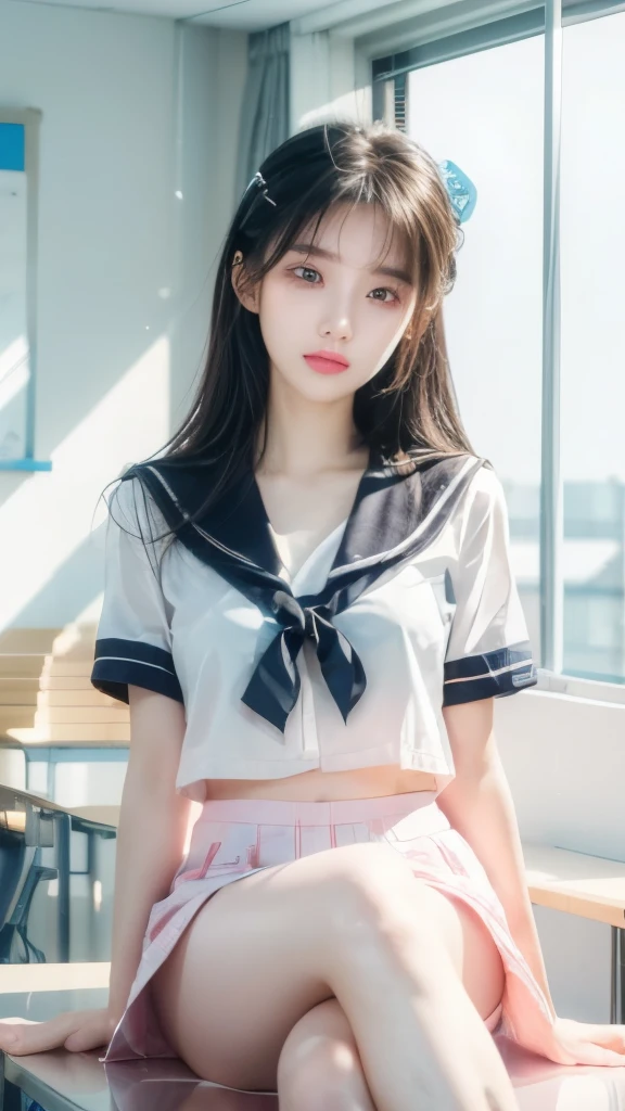 (8K, RAW photos, Reality:1.25) ,( Lip Gloss, eyelash, Glossy surface, Smooth skin, best quality, Ultra-high resolution, Depth of Field, Chromatic Aberration, Caustics, Broad lighting, Natural shade,Korean Idol) Looking at the audience with calm and goddess-like happiness, High school classroom, Sailor Suit, mini skirt，photograph，
