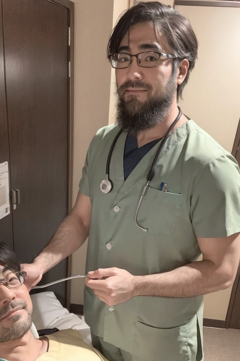 male, alone, ((Yossan)), beard, Glasses, (male性看護師), (Medical scrub), Light green scrub, Light green outfit,  Stethoscope, Interact with patients, Medical equipment, Bright hospital room, Are standing, Supporting, smile