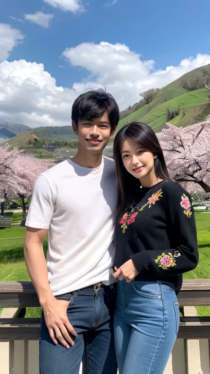 
a beautiful Indonesian woman, long straight black hair, wearing a black embroidered sweater, blue jeans and a handsome Indonesian man, neat short hair, clean face, cool casual clothes, relaxing eating at an outdoor cafe, behind you can see green hills, white clouds , cherry blossom trees, very detailed, cinematic view,uhd 8k
