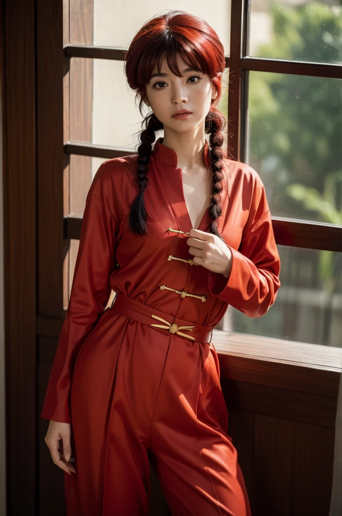 A Thai girl, , 130 centimeters tall, 35 kilograms in weight, black hair, black eyes, cute face, wearing a red robe, red dress, living in a hut in a lush forest.