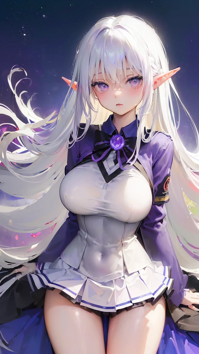 (((Itsuka Shido(date a live))),((gender bender,white hair,dark purple_eyes,cowboy shot,long straight hair)),((school uniform,huge breasts:2.0,elf,tall))