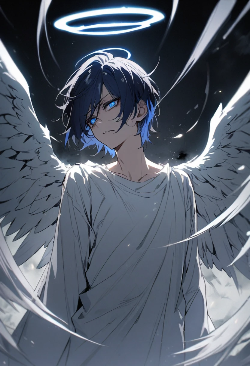 man, male, dark blue hair, short hair, blue eyes, angel, angel wings, halo, sin, thin, lanky, evil