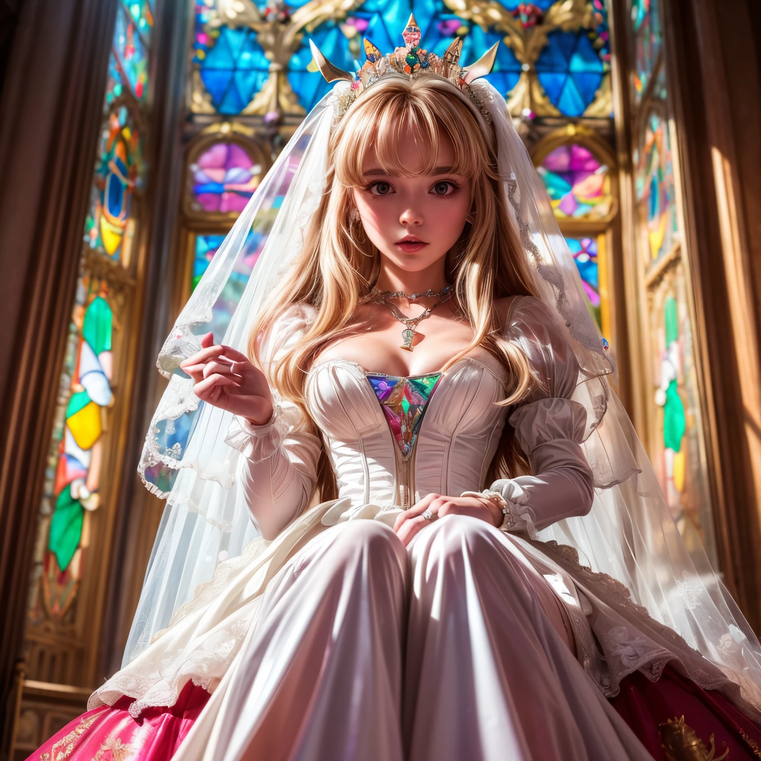 ZoomLayer TopQuality 8K masterpiece of ((Professional photo)), (((Lady Clarisse de Cagliostro))) (Detailed White WeddingDresses), ChainTiara, Extremely detailed KAWAII face, The background is distant (Elaborate colorful stained glass), Enchanting atmosphere, Rainbow Glass, RubyRed, Radiant PearlSkin with Transparency, (Exposed:0.25)