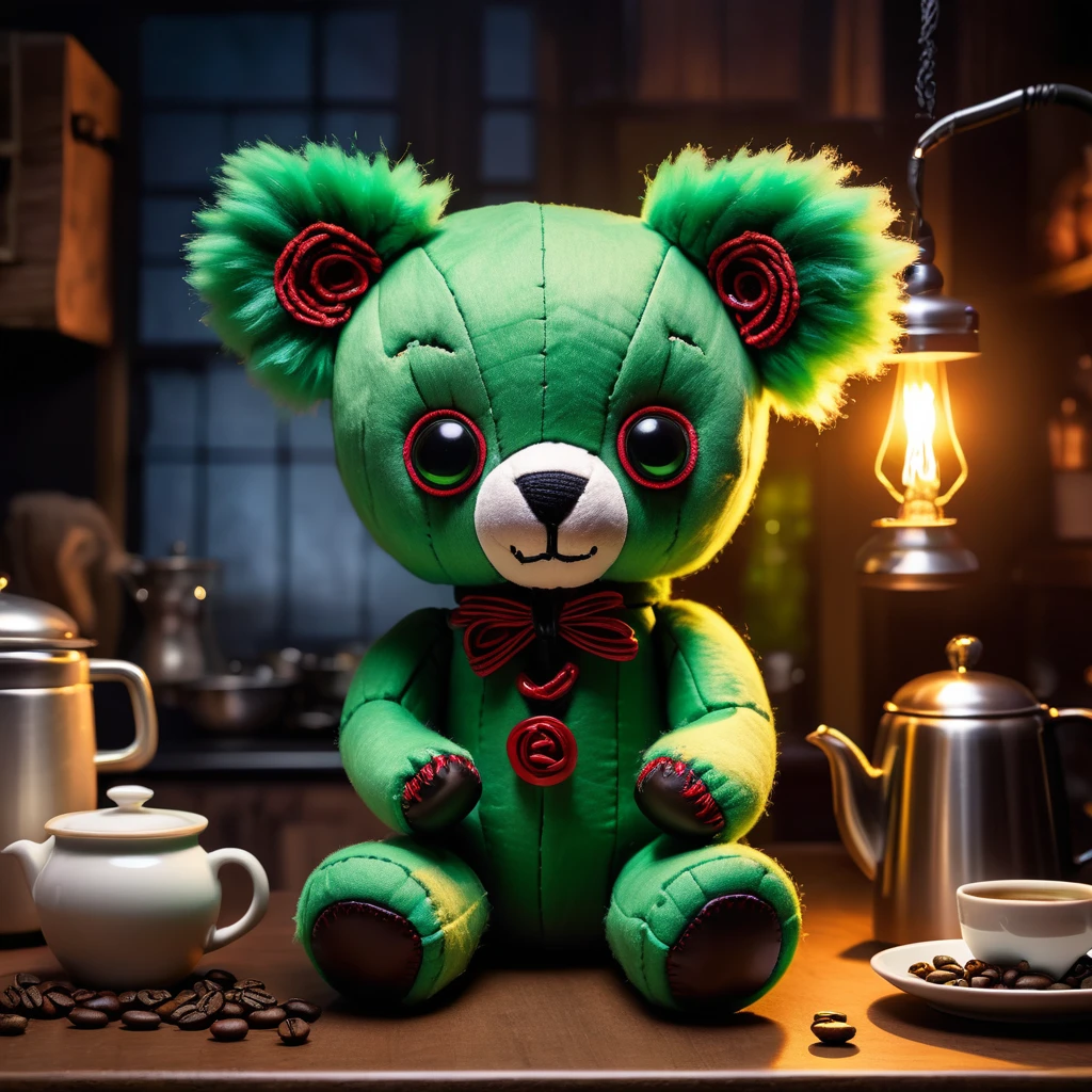 (knitted toy voodoo doll:1.9), (Voodoo Koala Brewing Coffee:1.3), (Clothing: dark fur with glowing green eyes and sharp claws:1.0), (Accessories: enchanted coffee pot emitting eerie steam, floating spectral coffee beans:1.2), (background: dark, eerie kitchen with flickering lights, moving shadows, and an atmosphere of haunting warmth:1.2), best quality, masterpiece, detailed soft oil painting, detailed background, dramatic cinematic lighting, soft edge lighting, professional, dramatic lighting, hard edge lighting, ultra quality, 4k, masterpiece, best quality, 8k, ultra high definition, high resolution, extremely detailed