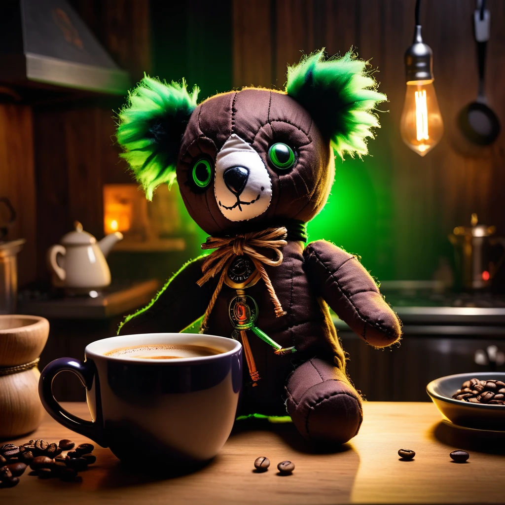 (knitted toy voodoo doll:1.9), (Voodoo Koala Brewing Coffee:1.3), (Clothing: dark fur with glowing green eyes and sharp claws:1.0), (Accessories: enchanted coffee pot emitting eerie steam, floating spectral coffee beans:1.2), (background: dark, eerie kitchen with flickering lights, moving shadows, and an atmosphere of haunting warmth:1.2), best quality, masterpiece, detailed soft oil painting, detailed background, dramatic cinematic lighting, soft edge lighting, professional, dramatic lighting, hard edge lighting, ultra quality, 4k, masterpiece, best quality, 8k, ultra high definition, high resolution, extremely detailed