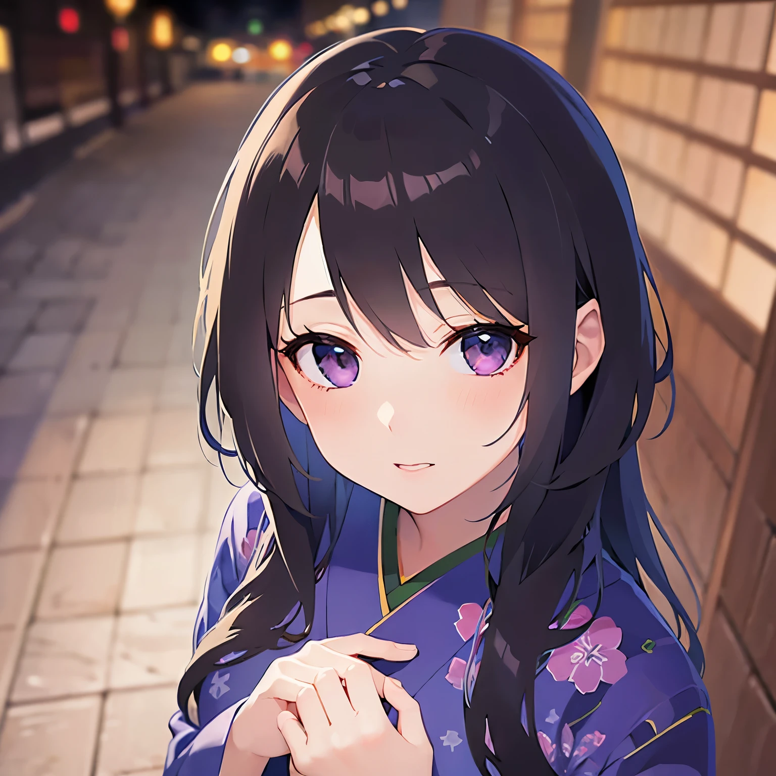 (Looking up:1.5),Shooting from above、Upper Body,(looking at viewer:1.5)、(Hands placed on chest:1.5),
Realistic, real person, (pale skin: 1.2), RAW photo, photorealistic, shiny skin, shiny hair、
(A 25-year-old woman with straight hair and bangs) and (medium hair) and (black hair) and (purple eyes) ,
(purple) and (yukata),blush、(frown:1.2),The background is a Japanese-style corridor at night