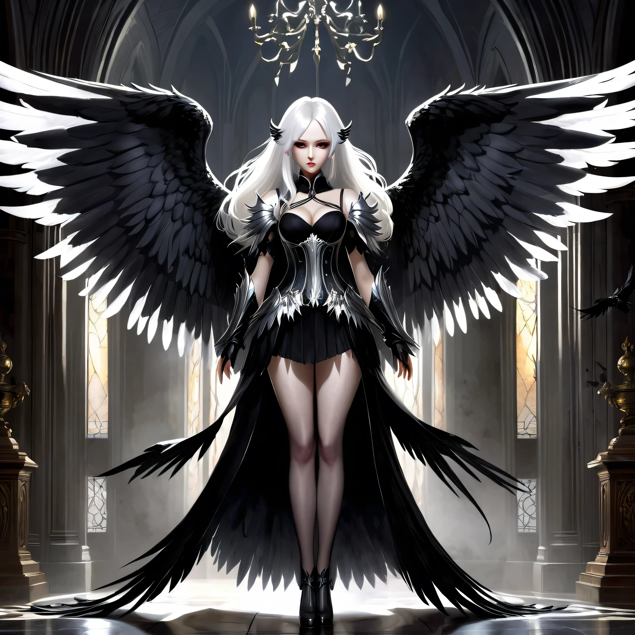 a painting of a woman with white hair and wings standing in a dark room, concept art by Yang J, pixiv contest winner, gothic art, villainess has black angel wings, full - body majestic angel, angel knight gothic girl, epic exquisite character art, dark angel, black wings instead of arms, raven winged female vampire, with large wings