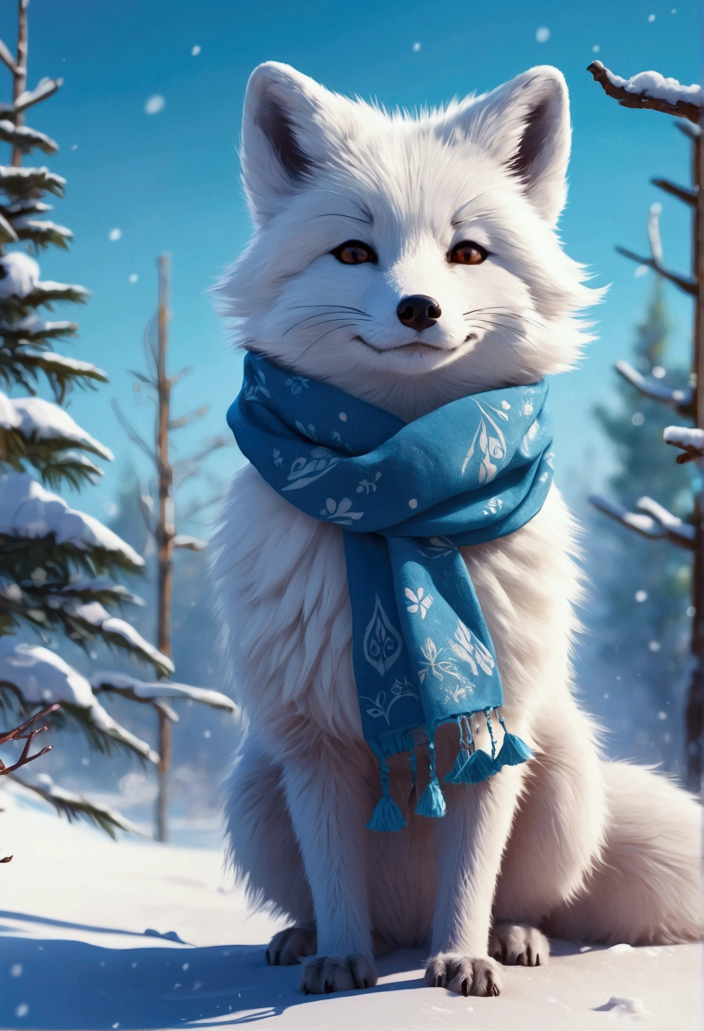 Style-NebMagic, portrait of Ismail Inceoglu, Gazelli, James jean, Anton Fadeev and Yoshitaka Amano, a fluffy cute Arctic fox wearing a Style-SylvaMagic scarf in the snow, very detailed, 8k resolution, digital art, trending on artstation, Vibrant Colours, Chibi style, masterpiece, adorable friendly lovely naked