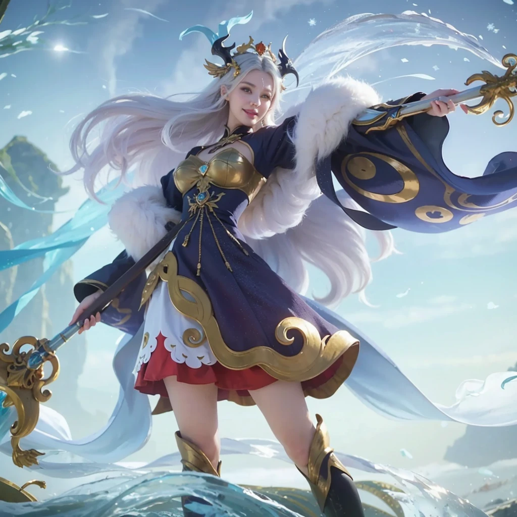 a woman in a blue dress with a star on her head, A woman with long white hair, A woman with smile, long white hair covering her body , sorceress, mage, queen, beautiful celestial mage, white haired, beautiful ancient frost witch, goddess of winter, queen of winter, Ultra Detailing, Ultra Hd, Ultra Realistic, Hyper Realistic, 8k, 4k ultra hd.
