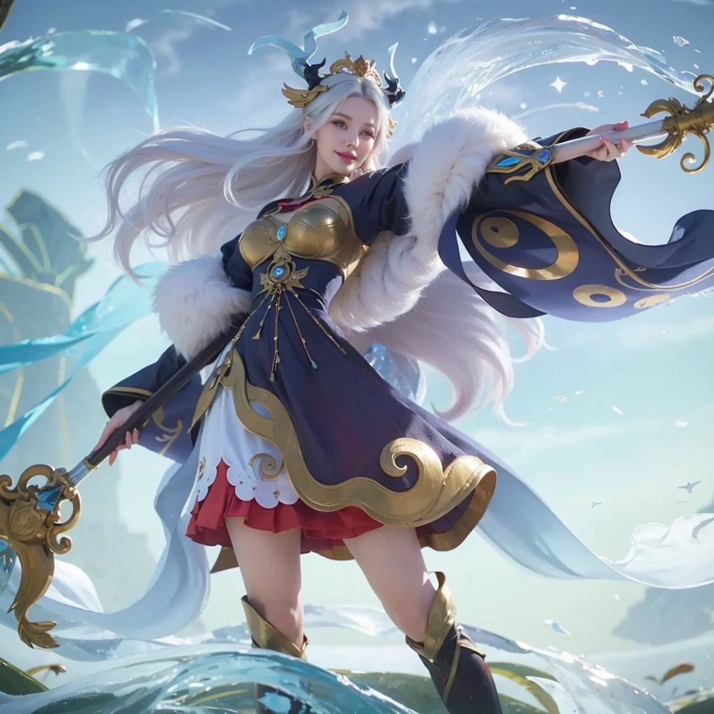 a woman in a blue dress with a star on her head, A woman with long white hair, A woman with smile, long white hair covering her body , sorceress, mage, queen, beautiful celestial mage, white haired, beautiful ancient frost witch, goddess of winter, queen of winter, Ultra Detailing, Ultra Hd, Ultra Realistic, Hyper Realistic, 8k, 4k ultra hd.