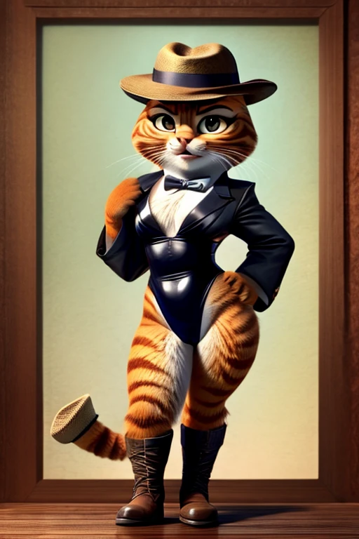 Puss in Boots, DreamWorks Animated, Leotard,((Wearing a fedora hat)), 3:1 Hip to leg ratio