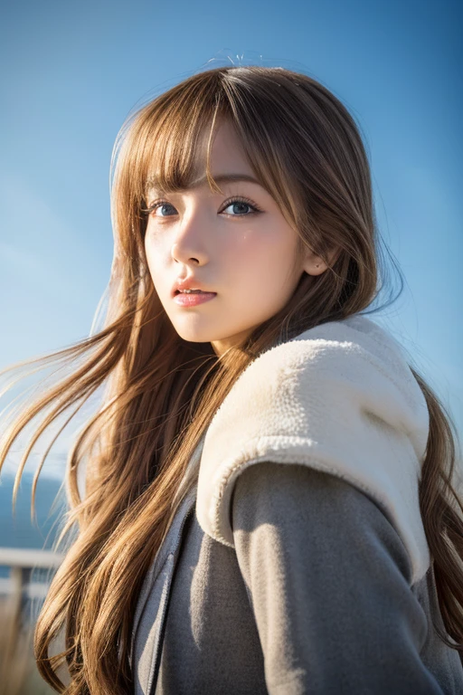 ((Hair blowing in the wind、No makeup:1.2))、(Realistic、Photorealistic、Very detailed、Best detailed skins、Highest quality、masterpiece、Ultra-high resolution)、Cute Russian Women、、high school girl、Young girl、1 girl、Has bangs、Ash Blonde:1.7、double eyelid、Drooling eyes、Japanese style face、purity、Realistic肌タイプ、Thick muffler、Gray muffler、Fluffy hair、((There'Hair in a scarf:1.3))、Red cheeks、The wind is blowing、night、illumination、Lighting from behind、Hair blowing in the windがステキ、