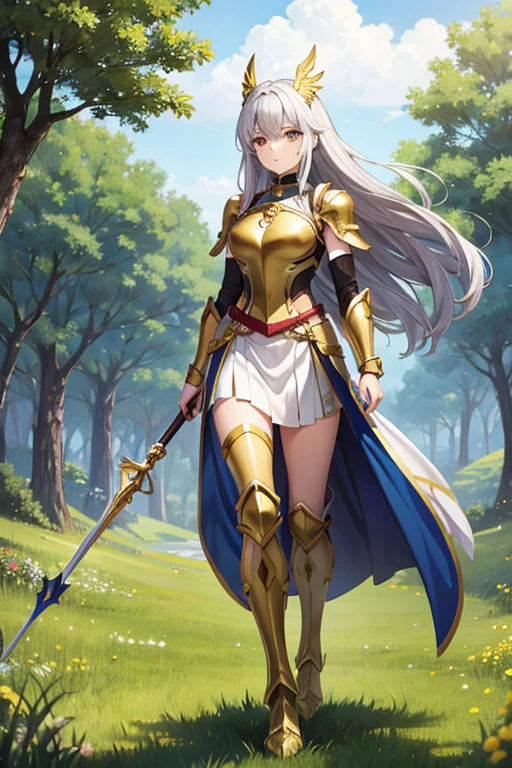 Anime Art、Full body portrait、Warriors in fantasy worlds、１A tall woman, about 170cm tall and about 34 years old, wearing a golden breastplate and shoulder armor and a long white skirt reaching down to her ankles, walking with a long spear in her hand.、Hair is semi-long、Silver Hair、Expressionless、Golden Eyes、Arm guard、Leggers、Wearing a helmet with wing-shaped ornaments、Flat chest