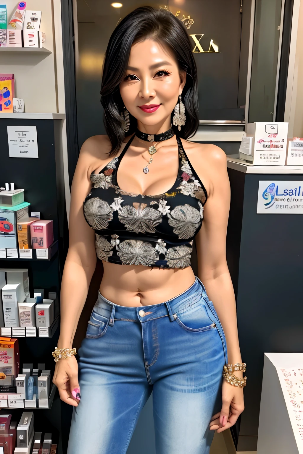 60 years old mom milf Chinese Lady large earring Big choker navel piercing decoration A bracelet Silver Hair realisitic Gorgeous Madame Beautiful Mature Woman sexly Smile Gentle woman navel piercing 4K High quality gorgeous madam beautiful mature woman