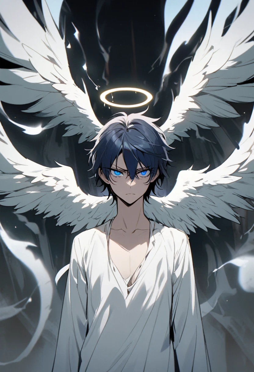 man, male, dark blue hair, short hair, blue eyes, angel, angel wings, halo, sin, thin, lanky, evil